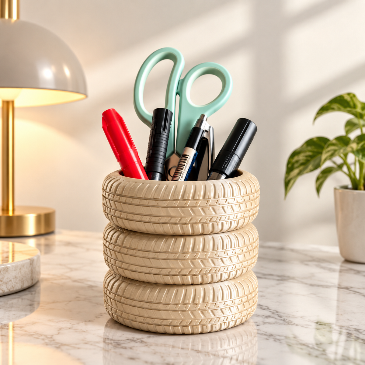 Car Tyre Makeup Brush Holder | Black Desk Organizer