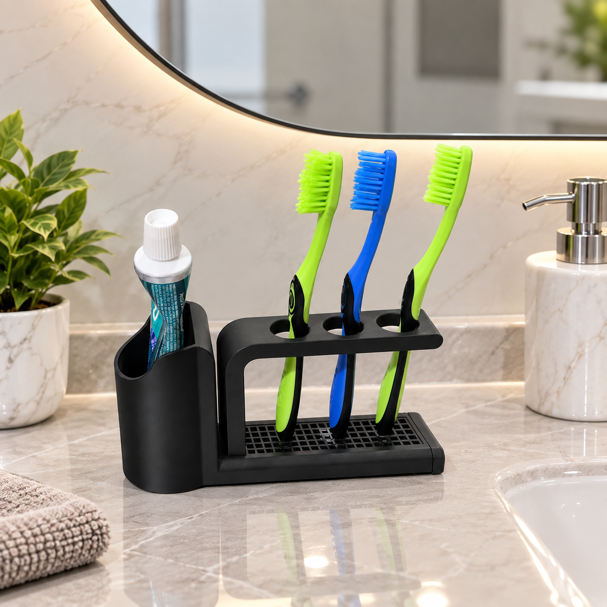 3 Slot Toothbrush Holder with Toothpaste Stand | Bathroom Toothbrush Organizer | Drainage Base