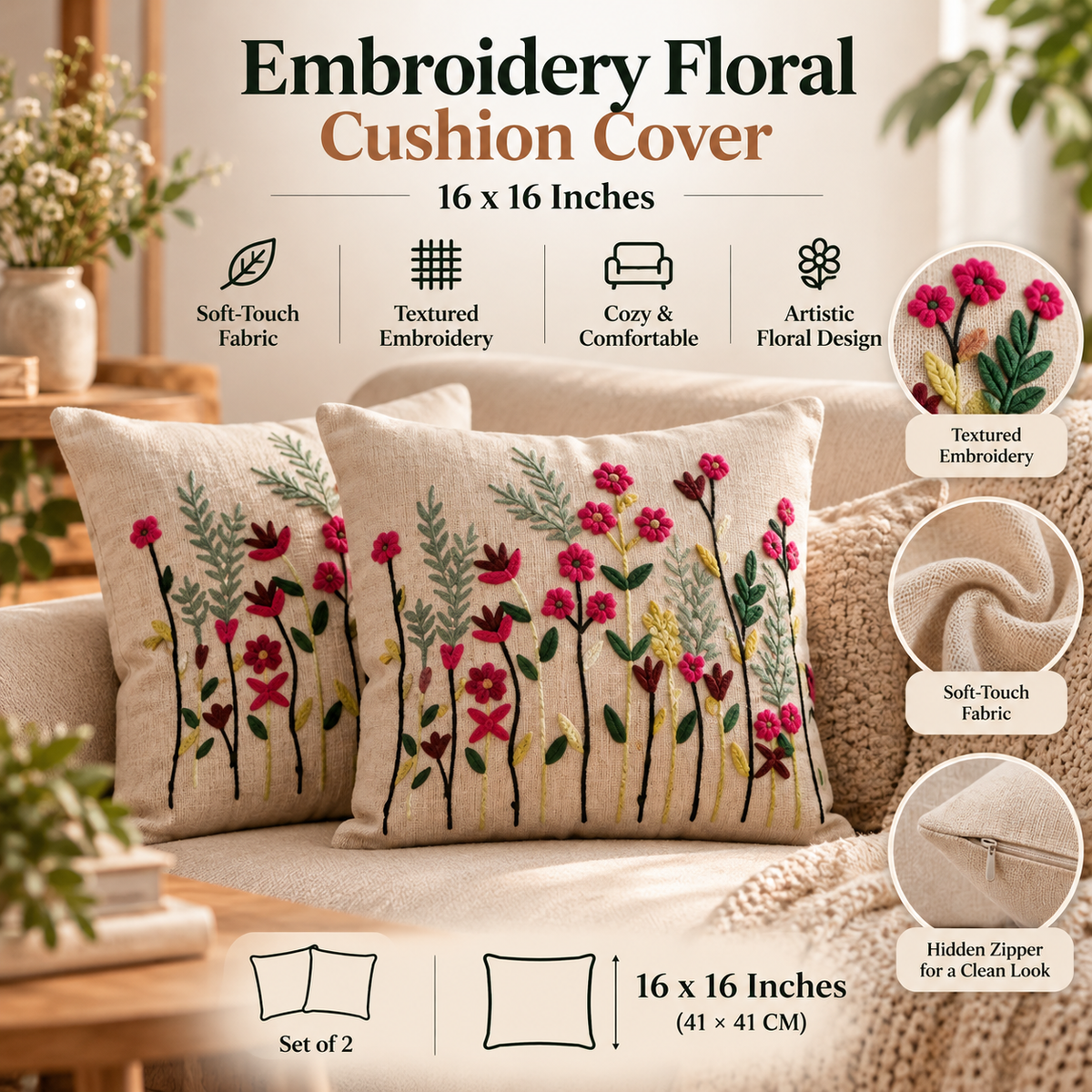 Wildflower Embroidered Cushion Covers with Tassels – Set of 2, 16 × 16 Inch