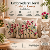 Wildflower Embroidered Cushion Covers with Tassels – Set of 2, 16 × 16 Inch