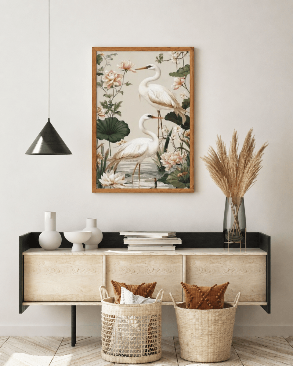 Elegant Heron Garden Canvas Wall Art — Floral Serenity Painting - Memories InsiteELEGNT HERON CANVAS - STRECHED