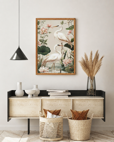 Elegant Heron Garden Canvas Wall Art — Floral Serenity Painting
