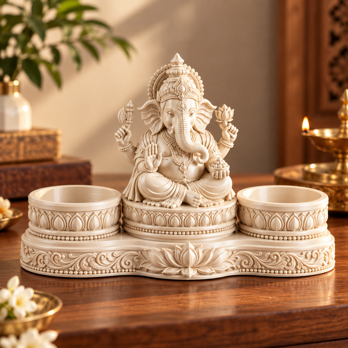 Lord Ganesh Idol with Dual Diya Holders | Intricate Spiritual Home Décor | Pooja Mandir Showpiece