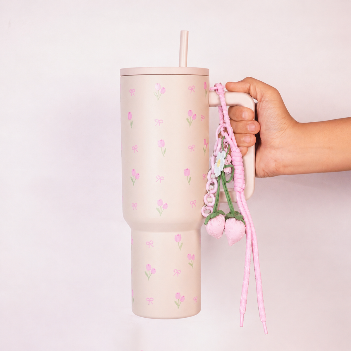 Personalized  Pink Tulip Bow Tumbler with Straw & Hand