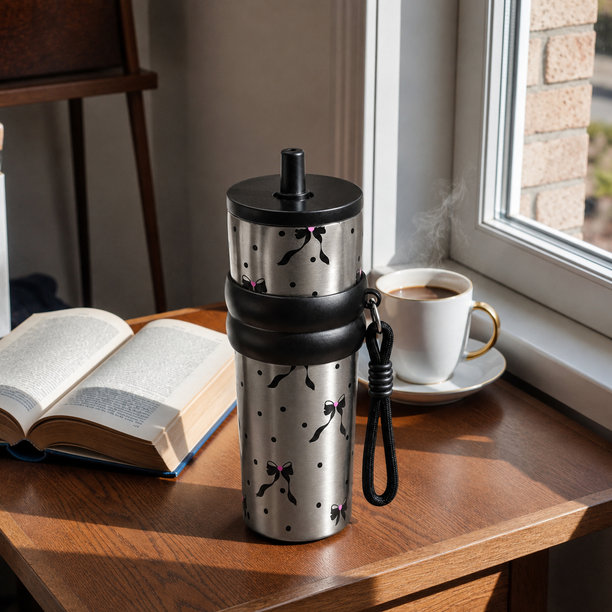 Bow Print Stainless Steel Insulated Tumbler with Straw & Carry Loop