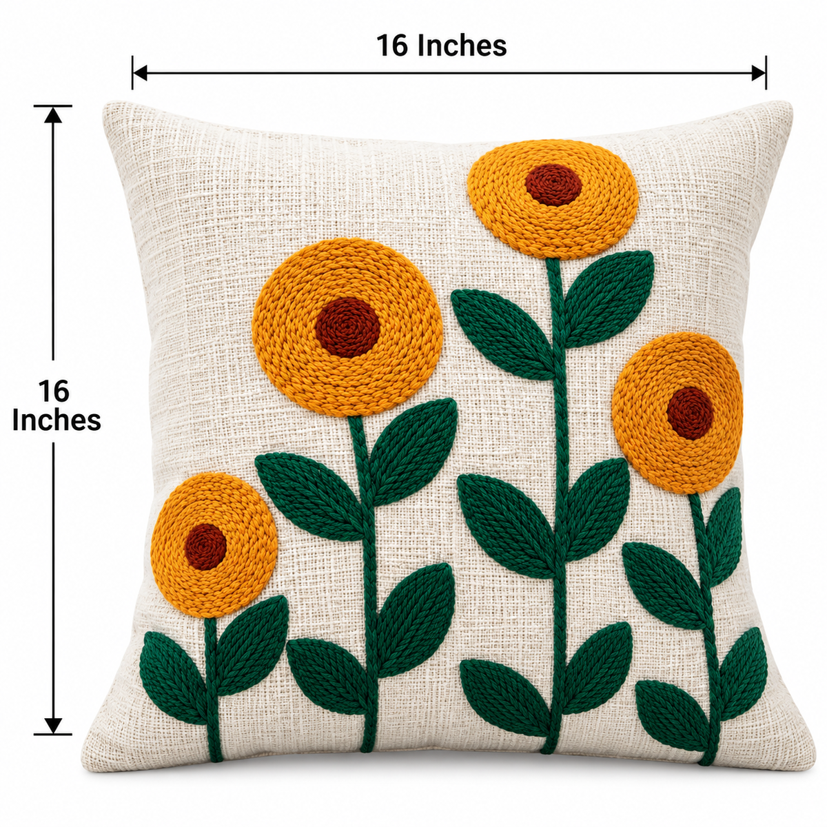 Sunflower Embroidered Cushion Covers – Set of 2, 16 × 16 Inch