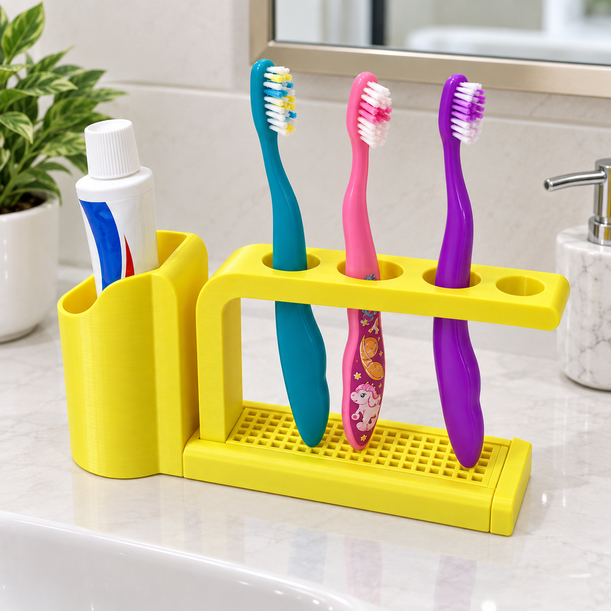 3 Slot Toothbrush Holder with Toothpaste Stand | Bathroom Toothbrush Organizer | Drainage Base