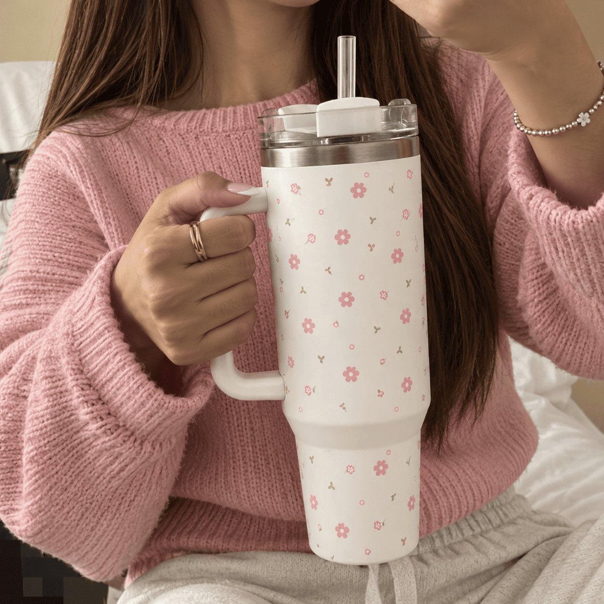 Delicate Pink Flower Tumbler with Handle & Straw