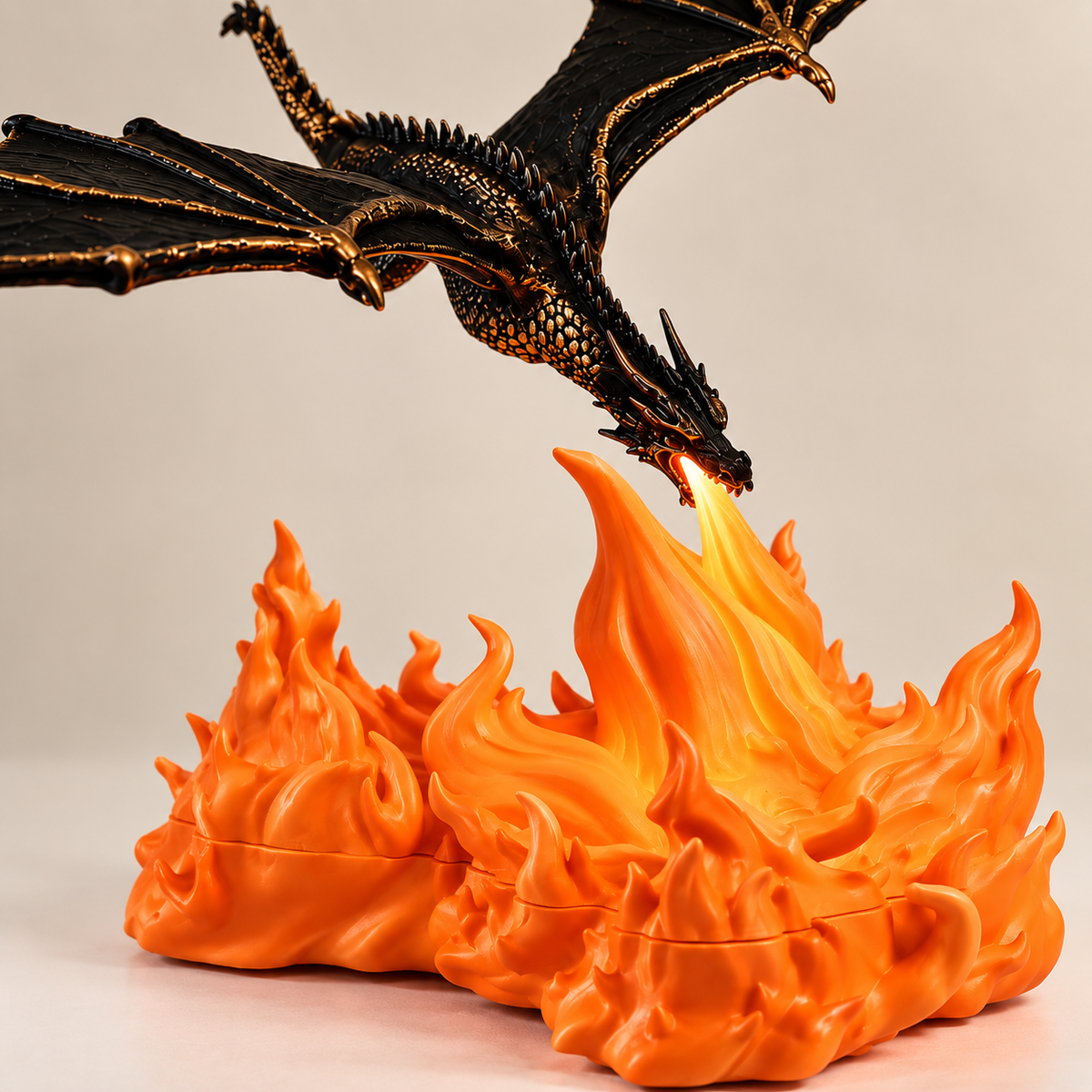 Dragon Breathing Fire Lamp Decorative Figurine with Fire Bowl Base | Fantasy Tabletop Decor