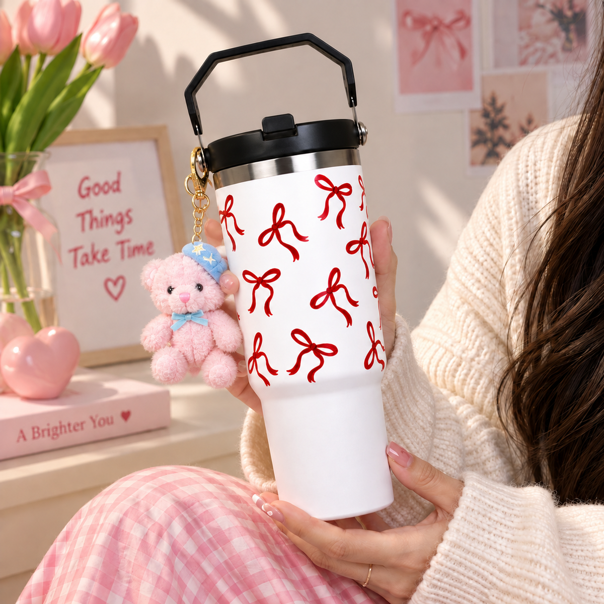 Bow Print Tumbler with Handle  | Reusable Travel Cup with Lid & Straw