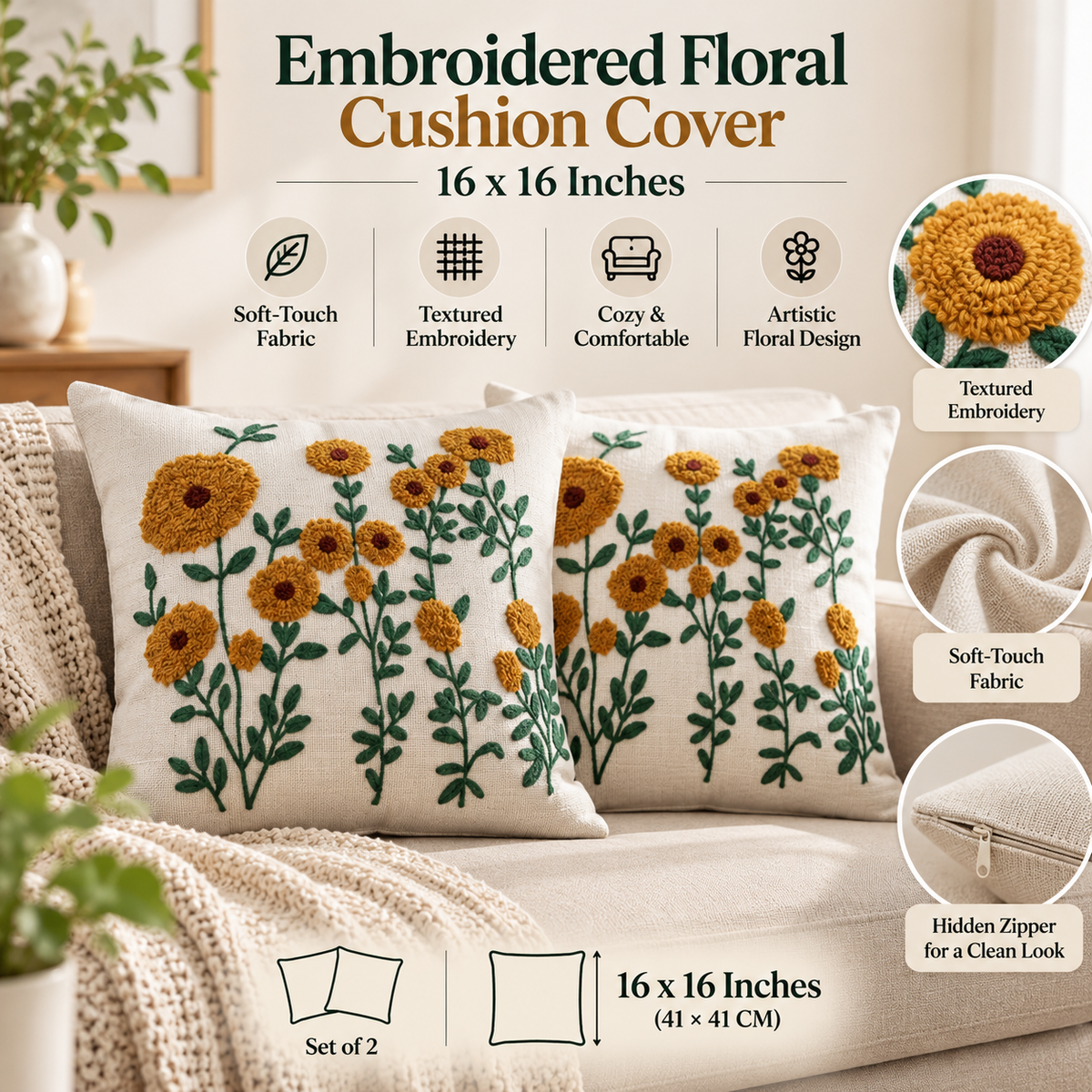 Marigold Floral Embroidered Cushion Covers – Set of 2, 16 × 16 Inch