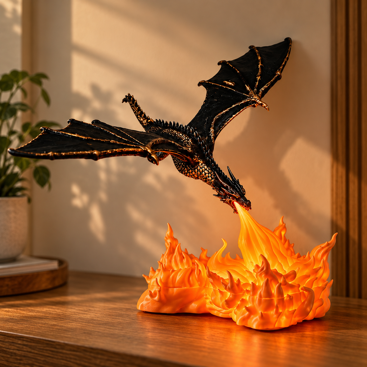 Dragon Breathing Fire Lamp Decorative Figurine with Fire Bowl Base | Fantasy Tabletop Decor