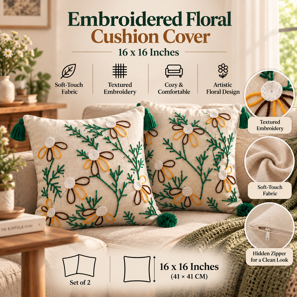 Vine Embroidered Cushion Covers with Tassels – Set of 2, 16 × 16 Inch