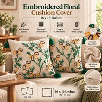 Vine Embroidered Cushion Covers with Tassels – Set of 2, 16 × 16 Inch