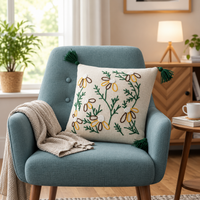 Vine Embroidered Cushion Covers with Tassels – Set of 2, 16 × 16 Inch