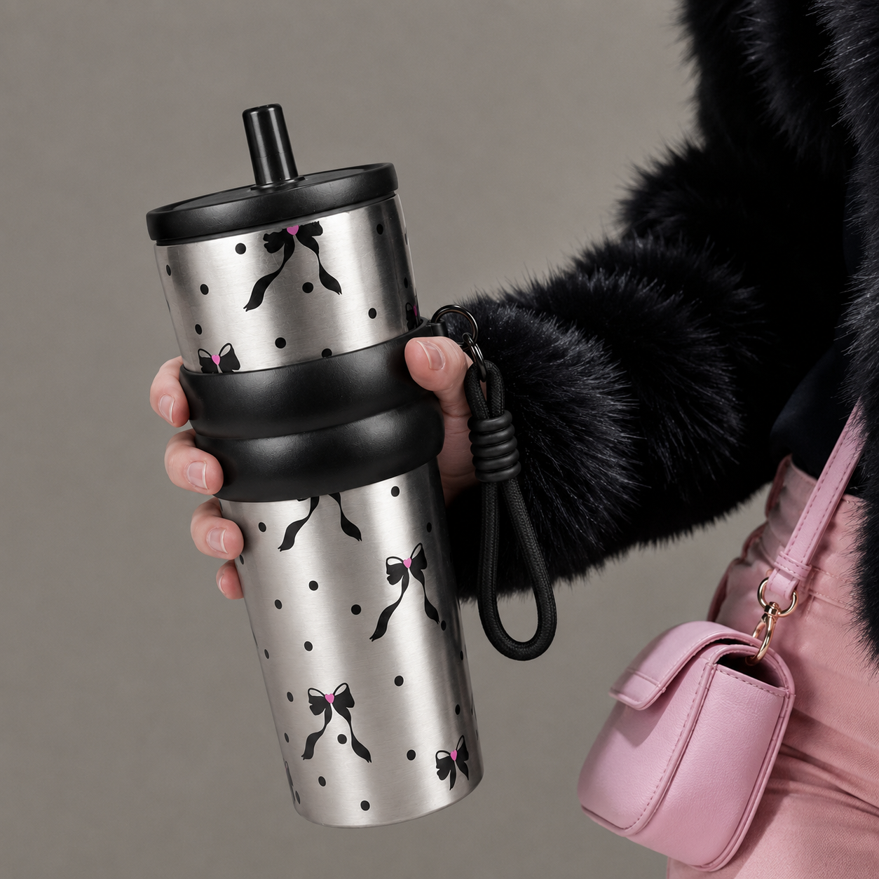 Bow Print Stainless Steel Insulated Tumbler with Straw & Carry Loop