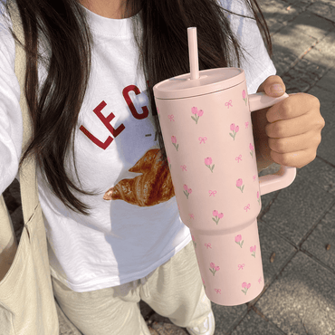 Personalized  Pink Tulip Bow Tumbler with Straw & Hand