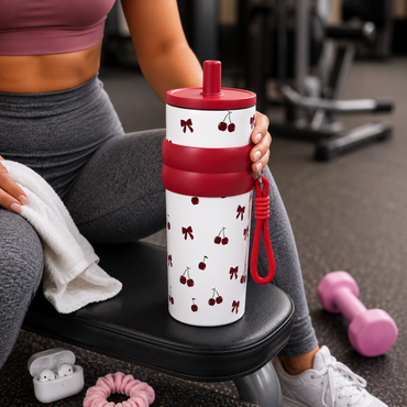 Cherry Print Stainless Steel Insulated Tumbler with Straw & Carry Loop
