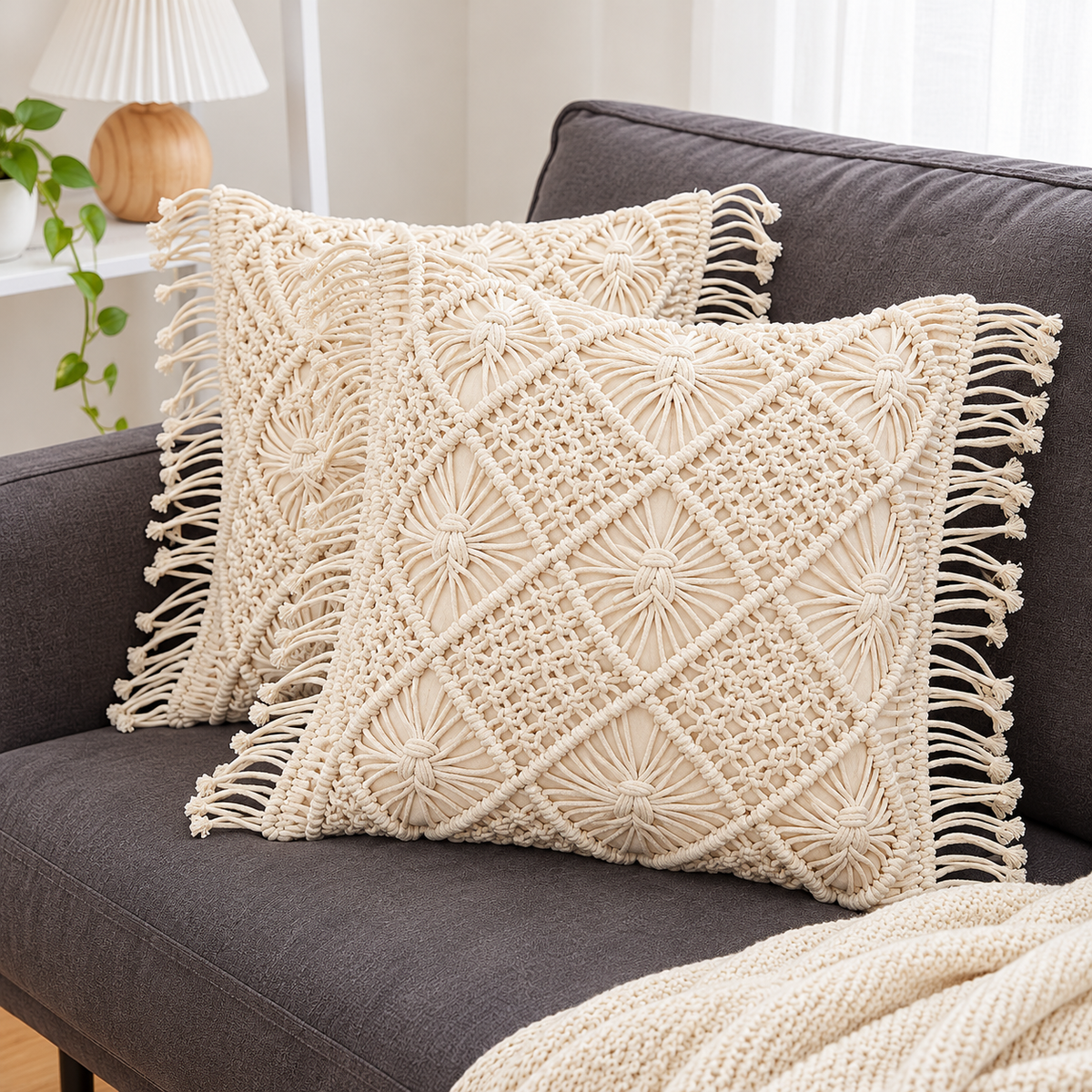 Macrame Fringe Cushion Covers – Set of 2, 16 × 16 Inch