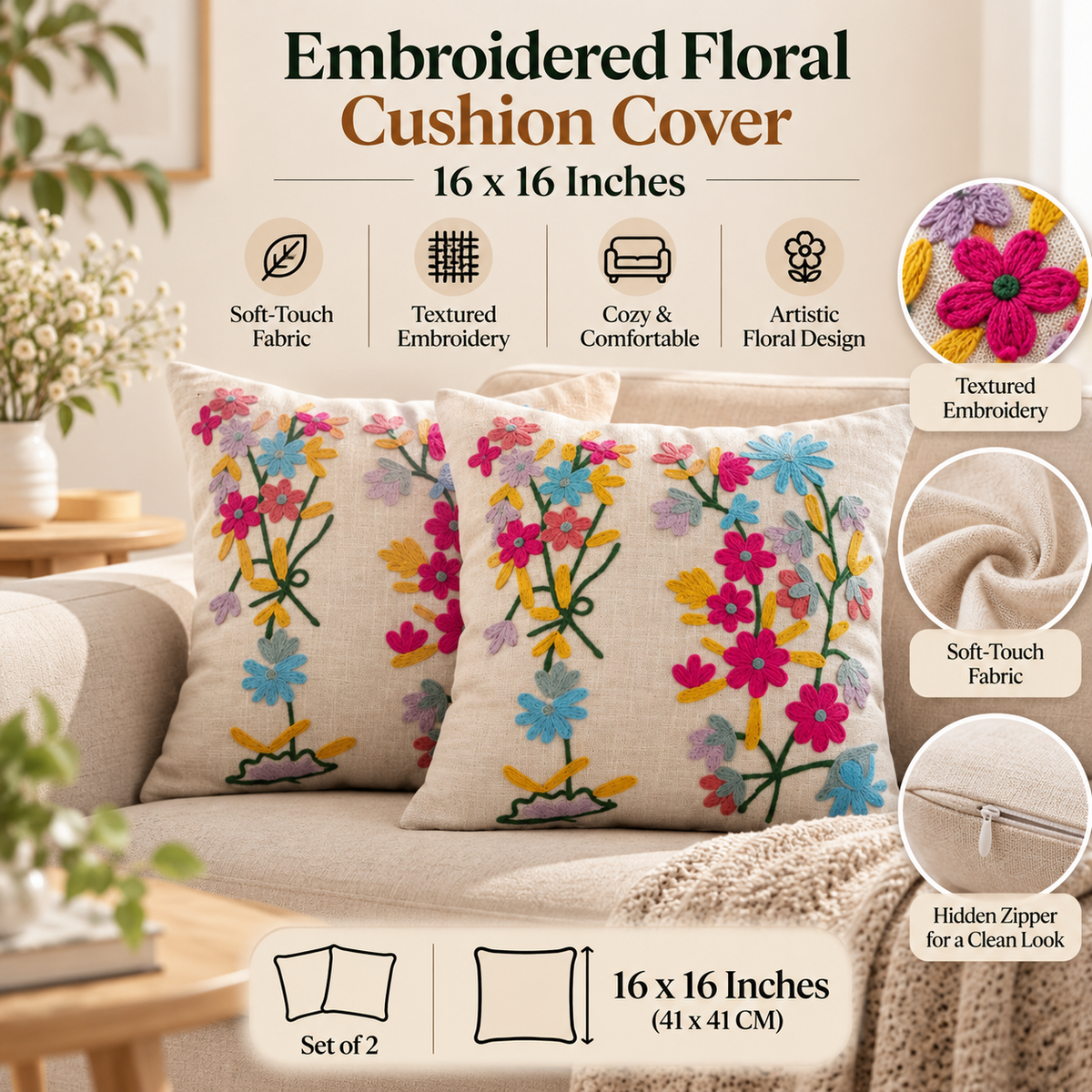 Multicolor Floral Embroidered Cushion Covers – Set of 2, 16 × 16 Inch