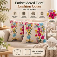 Multicolor Floral Embroidered Cushion Covers – Set of 2, 16 × 16 Inch