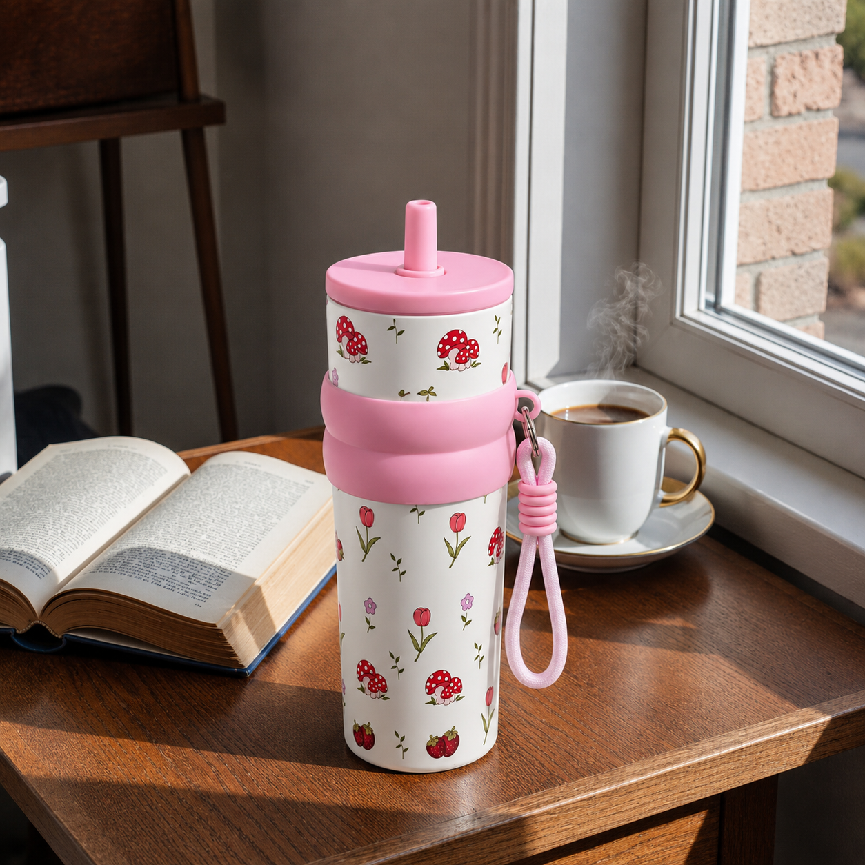 Floral & Mushroom Stainless Steel Insulated Tumbler with Straw & Carry Loop