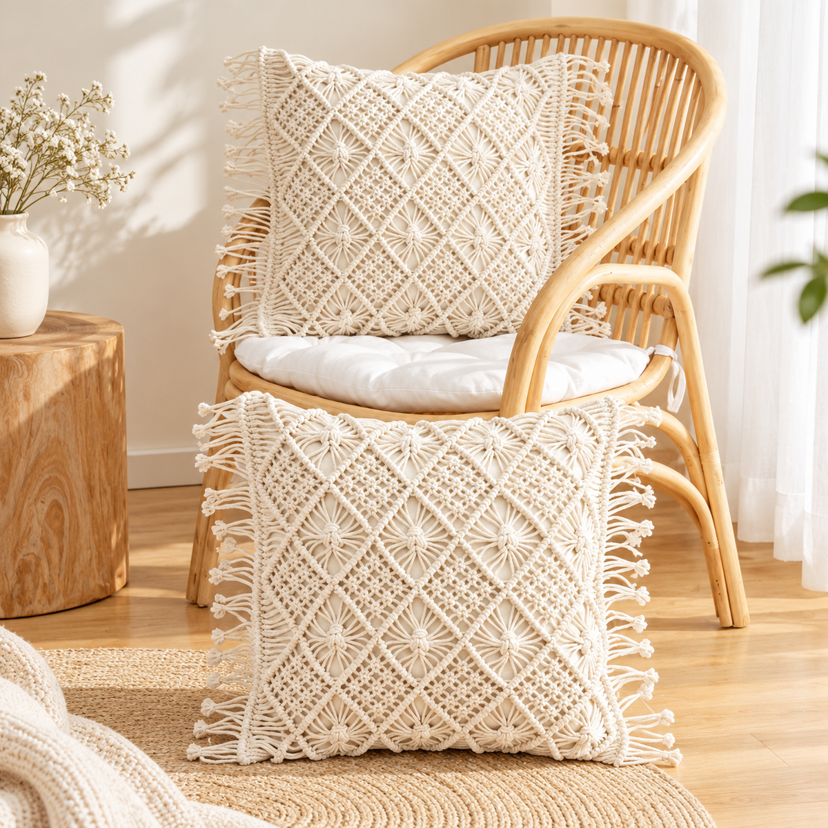 Macrame Fringe Cushion Covers – Set of 2, 16 × 16 Inch