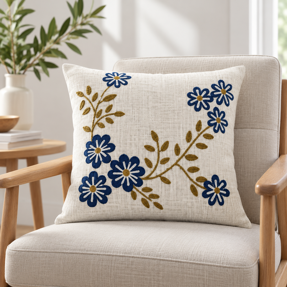 Blue Floral Embroidered Cushion Covers – Set of 2, 16 × 16 Inch