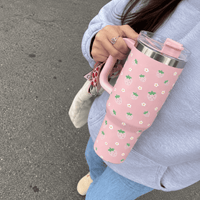 Cute Strawberry Stainless Steel Tumbler with Straw & Handle