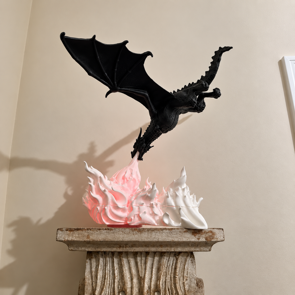 Dragon Breathing Fire Lamp Decorative Figurine with Fire Bowl Base | Fantasy Tabletop Decor