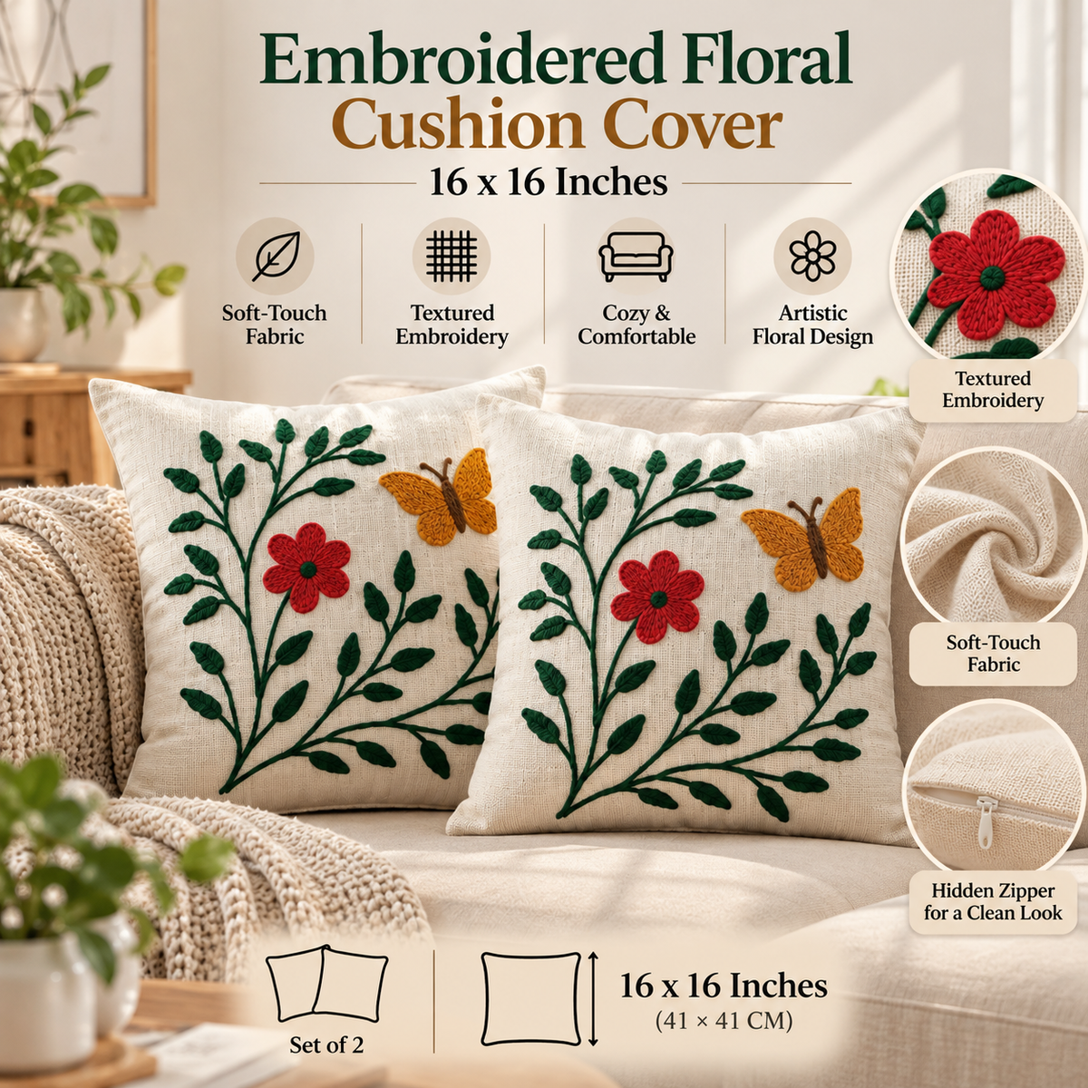 Pink Floral Butterfly Embroidered Cushion Covers – Set of 2, 16 × 16 Inch