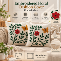 Pink Floral Butterfly Embroidered Cushion Covers – Set of 2, 16 × 16 Inch