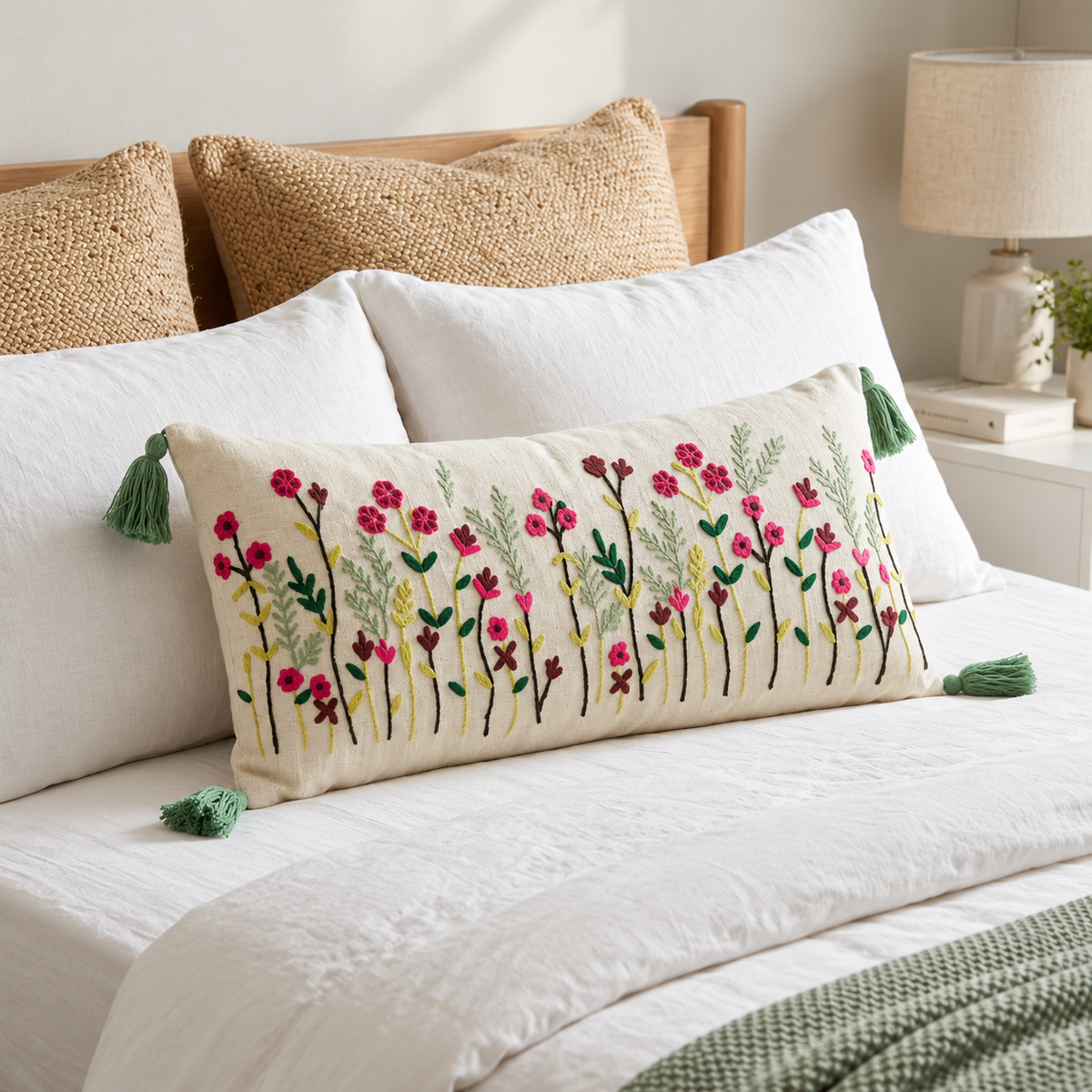 Wildflower Garden Embroidered Lumbar Cushion Cover 14×36 Inch