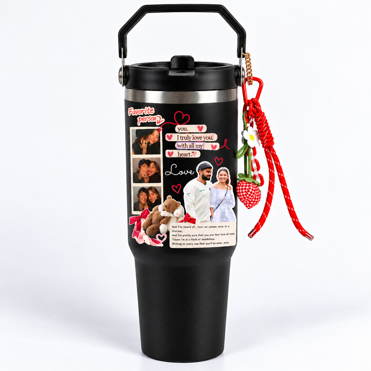 Personalised Photo Collage Tumbler with Handle, Love Message & Decorative Charms