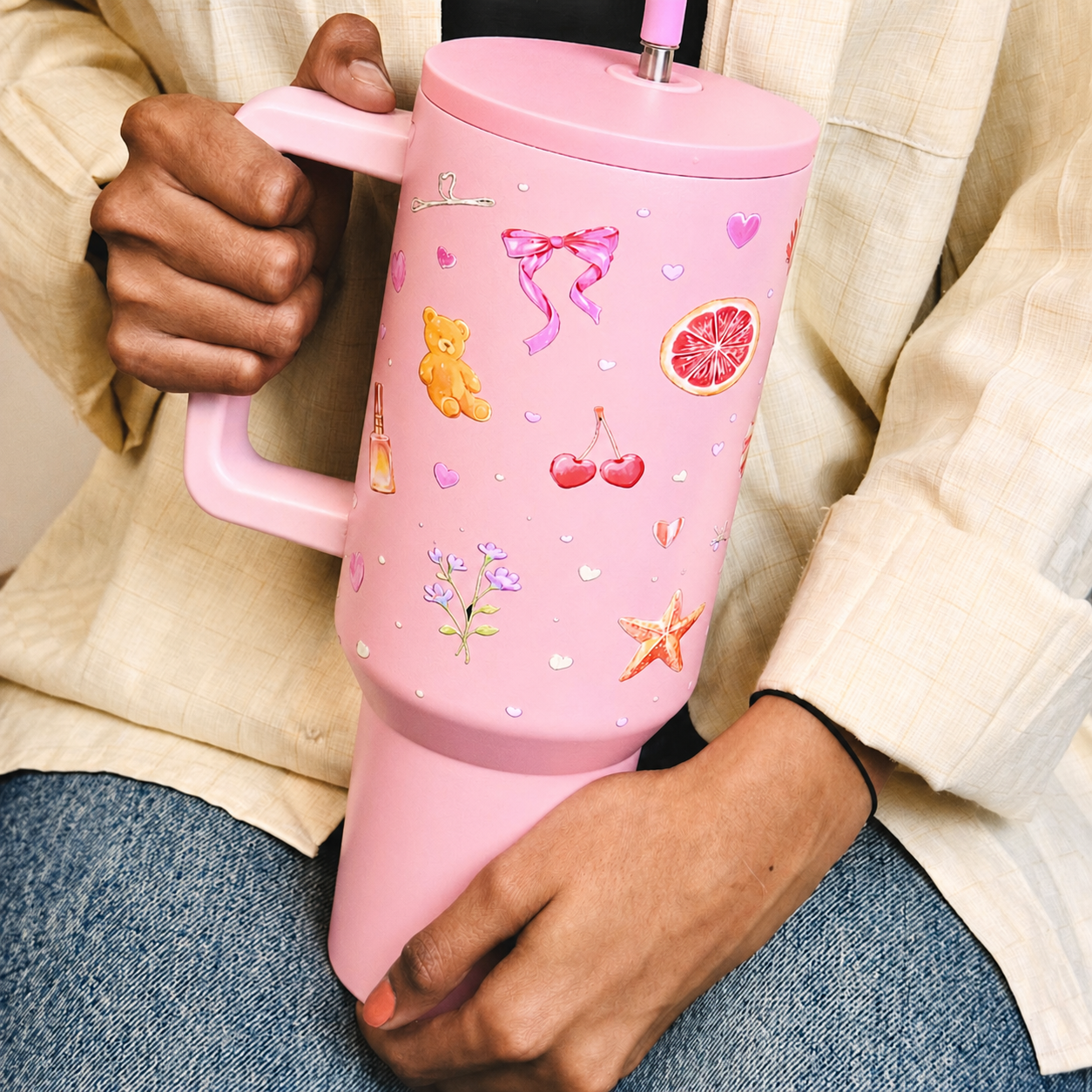 Blush Pop Aesthetic Tumbler with Handle, Straw & Spill-Proof Lid