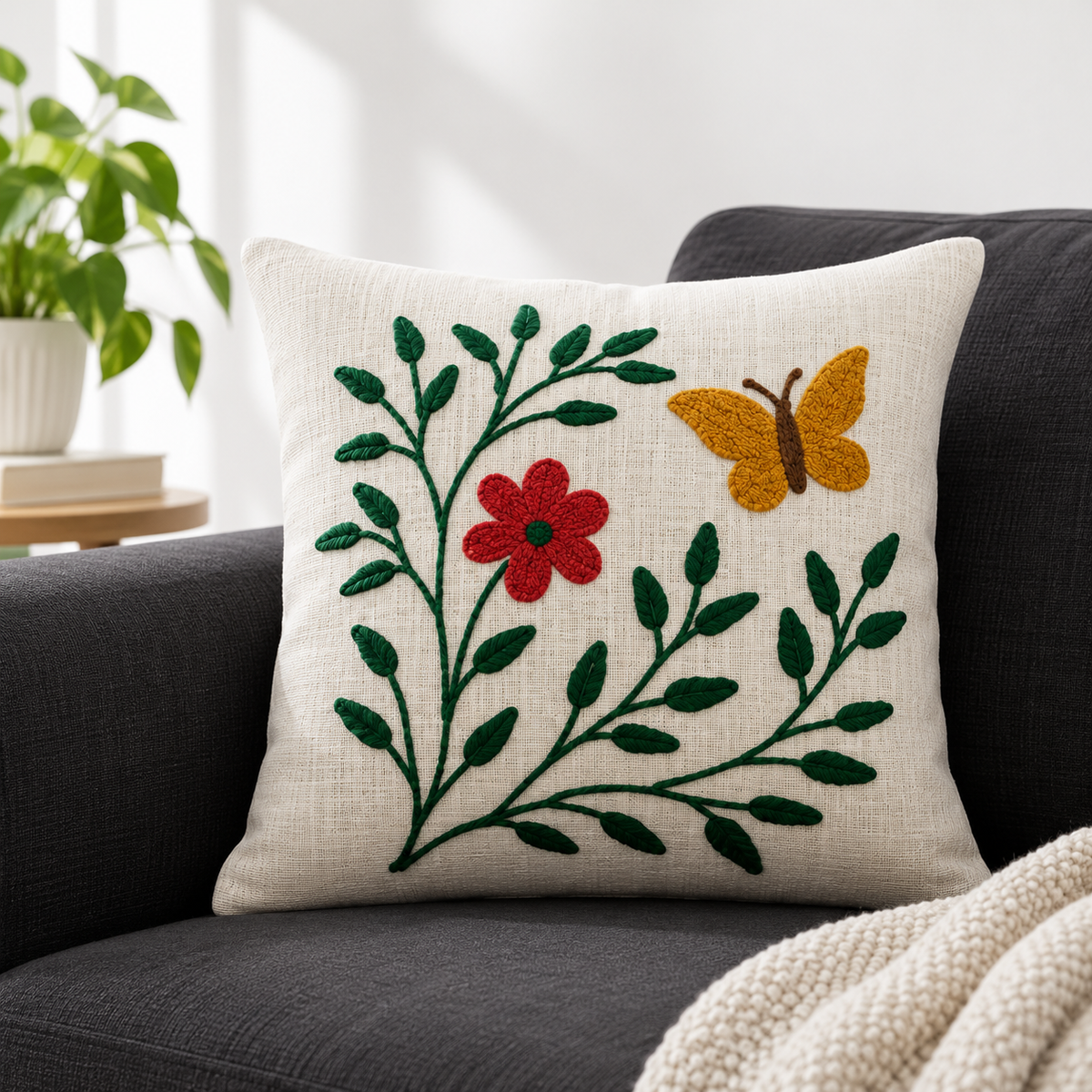 Pink Floral Butterfly Embroidered Cushion Covers – Set of 2, 16 × 16 Inch