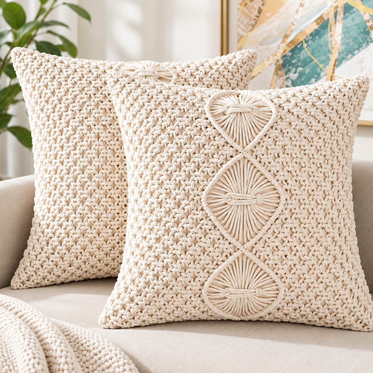 Macrame Knot Cushion Covers – Set of 2, 16 × 16 Inch
