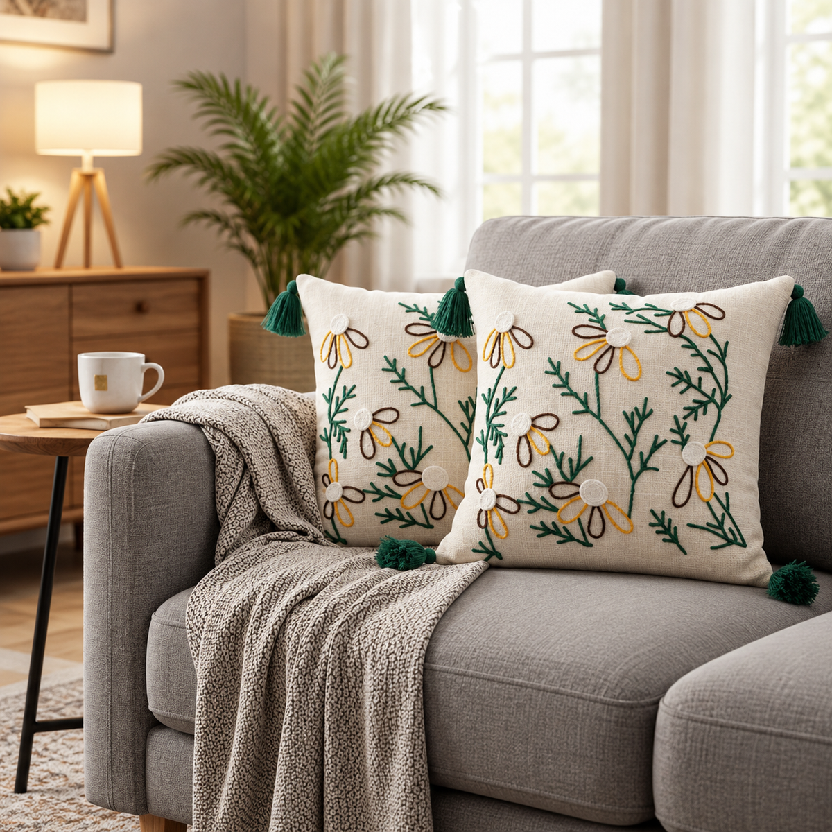 Vine Embroidered Cushion Covers with Tassels – Set of 2, 16 × 16 Inch