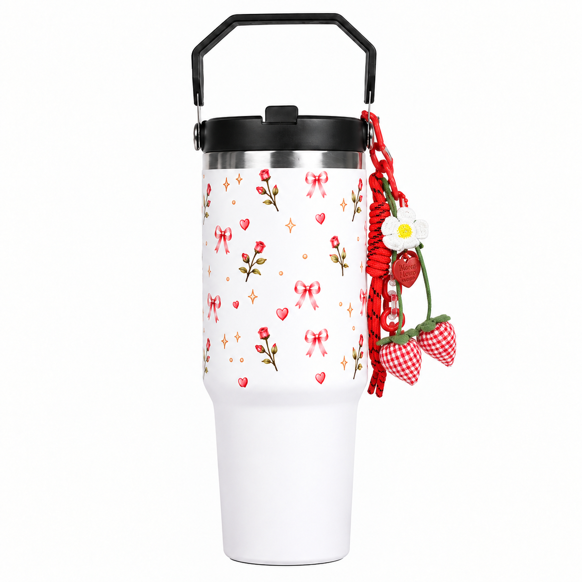 Floral Rose Print Tumbler with Handle & Straw | Reusable Travel Cup | Stylish Drinkware