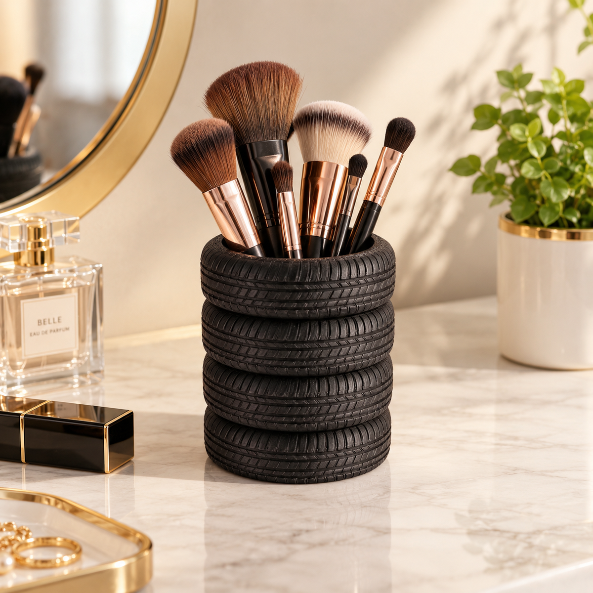 Car Tyre Makeup Brush Holder | Black Desk Organizer