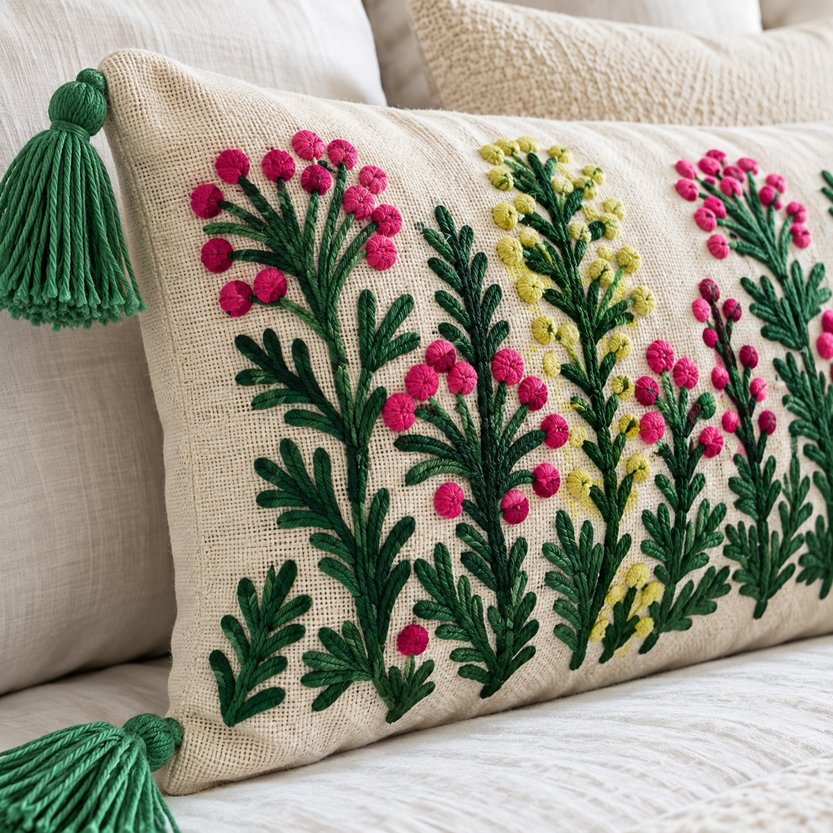 Pink Flower Floral Embroidered Lumbar Cushion Cover with Tassels – 14 × 36 Inch