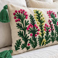 Pink Flower Floral Embroidered Lumbar Cushion Cover with Tassels – 14 × 36 Inch
