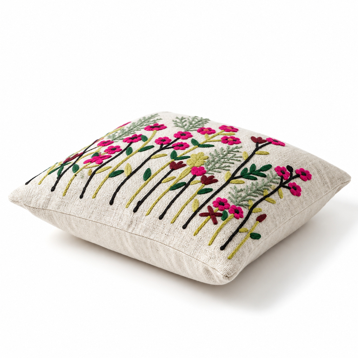 Wildflower Embroidered Cushion Covers with Tassels – Set of 2, 16 × 16 Inch