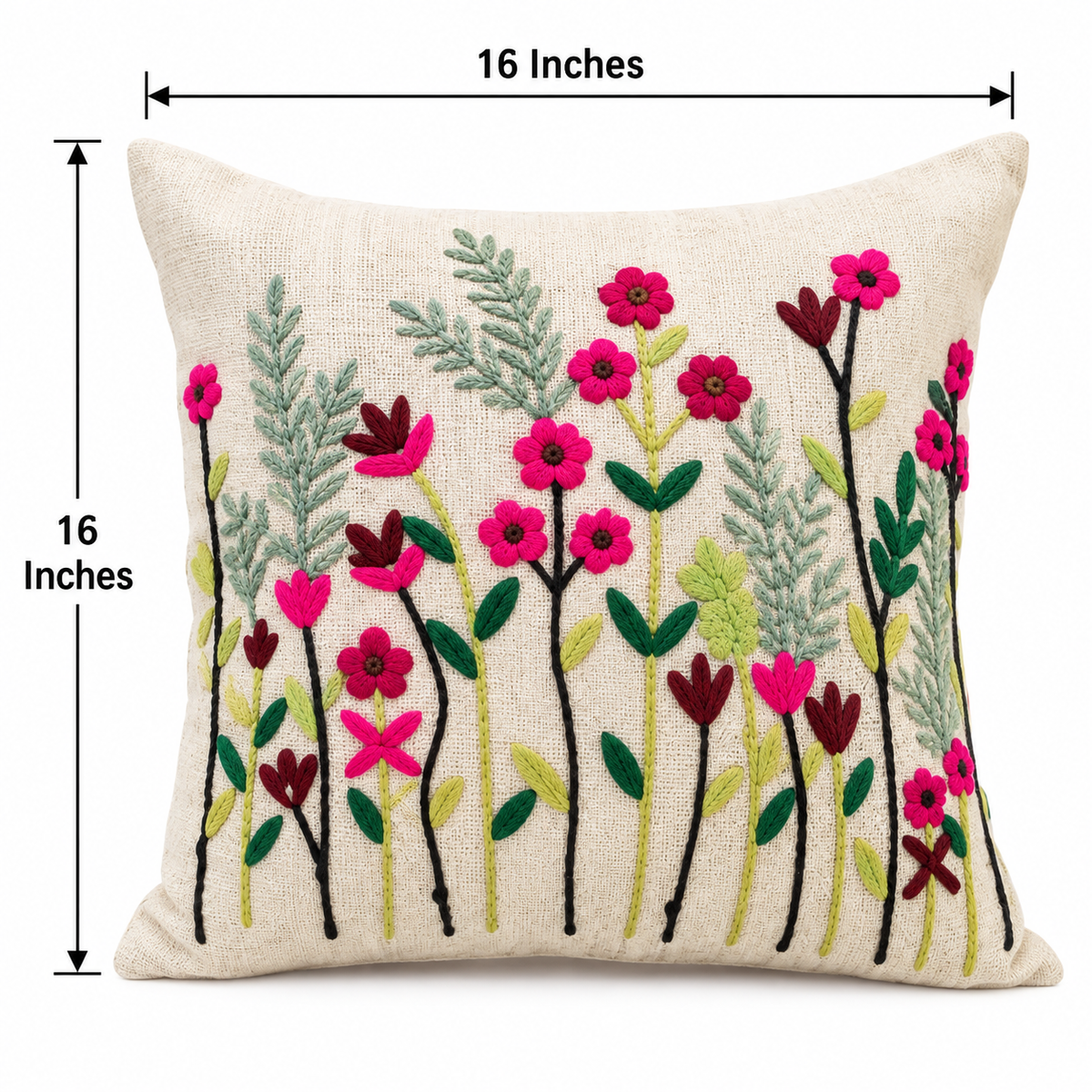Wildflower Embroidered Cushion Covers with Tassels – Set of 2, 16 × 16 Inch