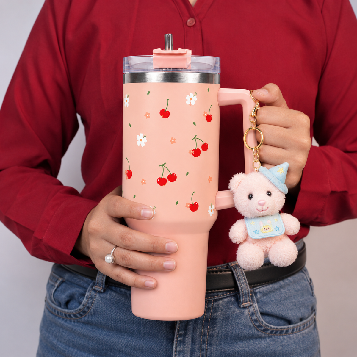 Cherry Floral Print Stainless Steel Insulated Tumbler with Handle