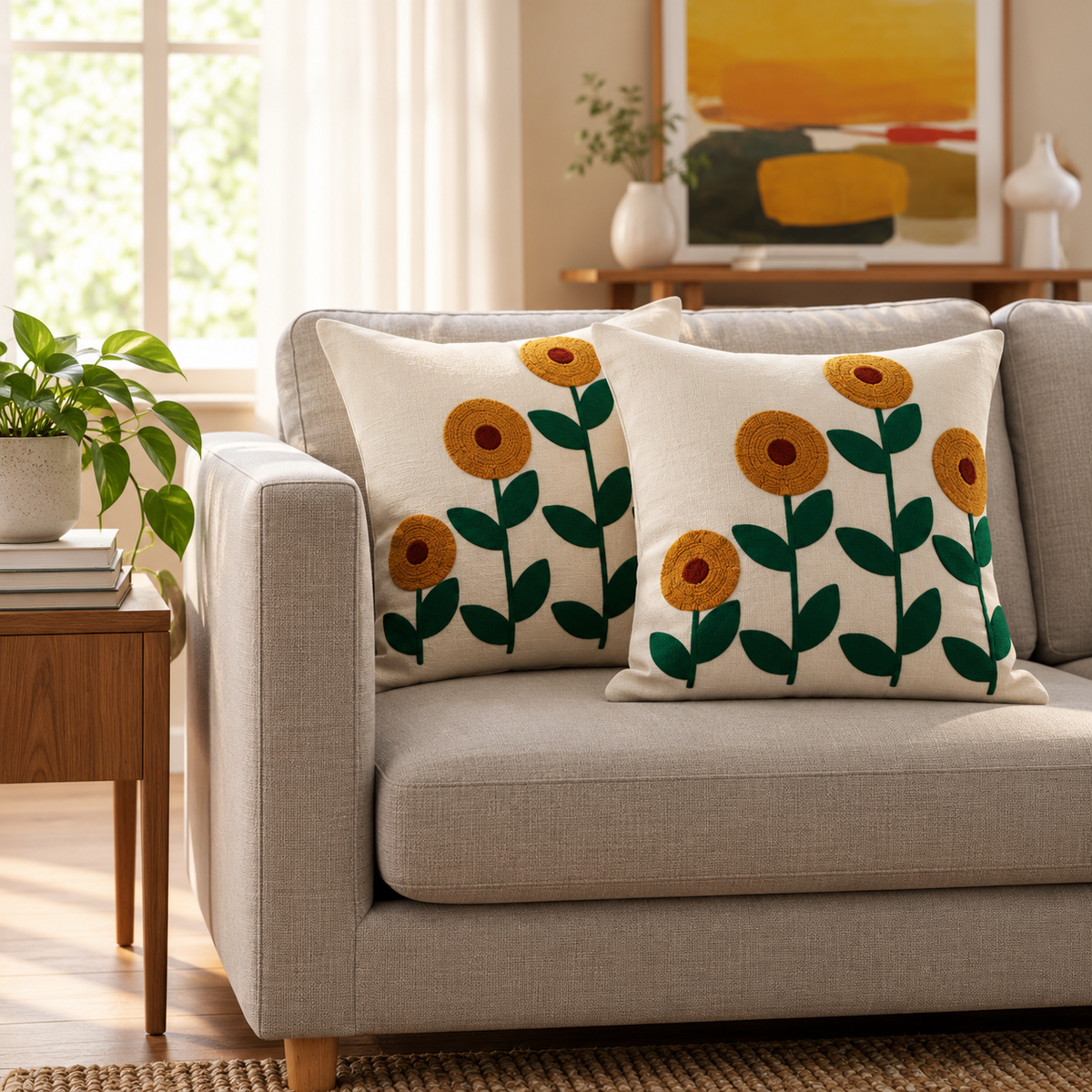 Sunflower Embroidered Cushion Covers – Set of 2, 16 × 16 Inch