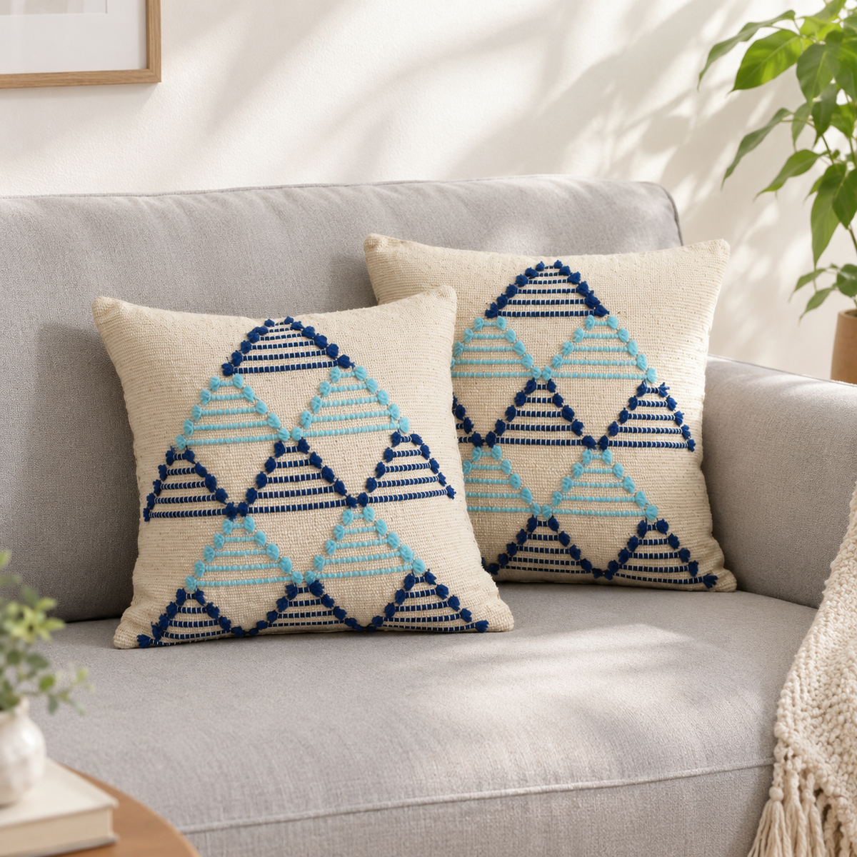 Blue Pattern Embroidered Cushion Covers for Sofa & Bed – Set of 2