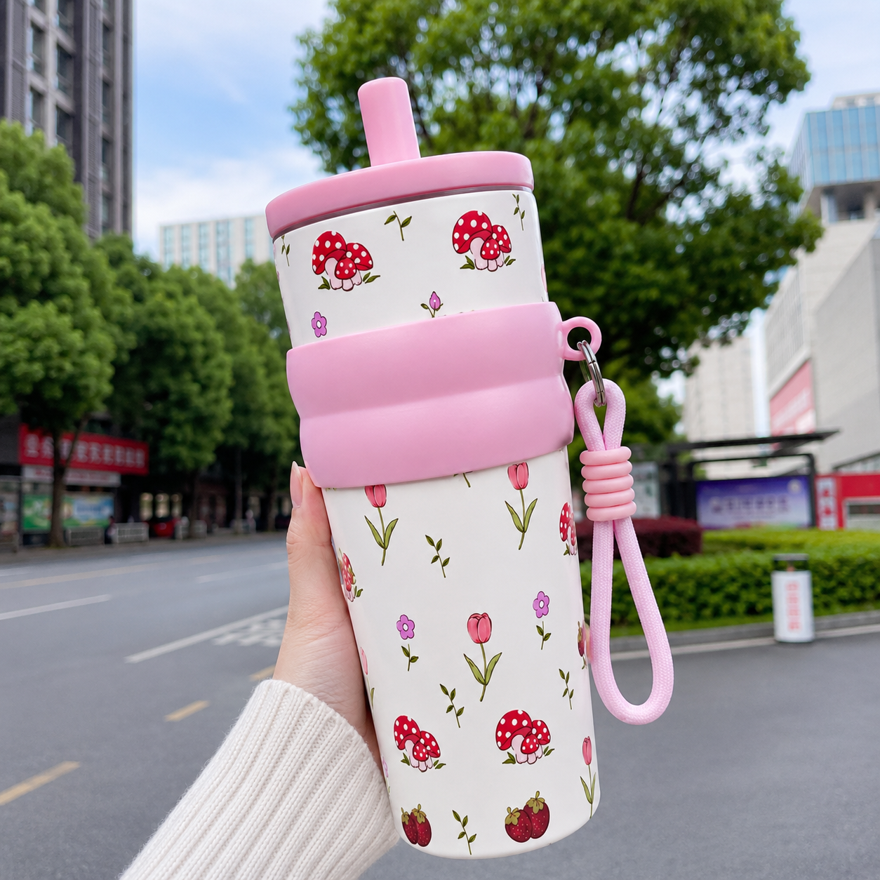 Floral & Mushroom Stainless Steel Insulated Tumbler with Straw & Carry Loop