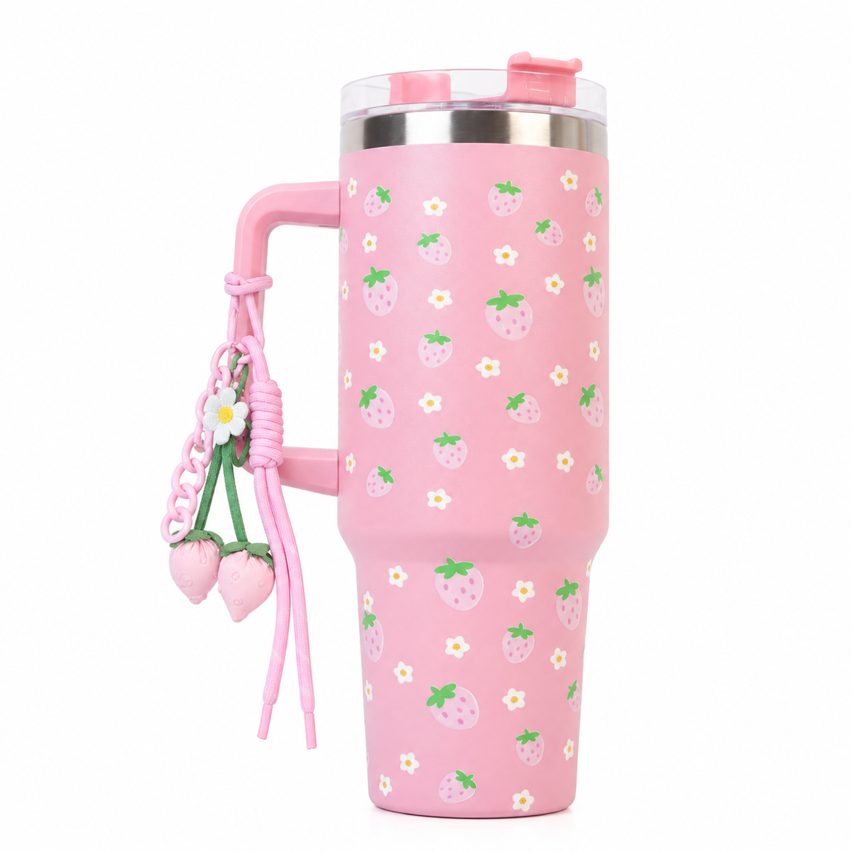 Cute Strawberry Stainless Steel Tumbler with Straw & Handle