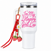 In My Happy Girl Era Printed Tumbler with Handle & Charm | Reusable Travel Cup | Cute Everyday Drinkware